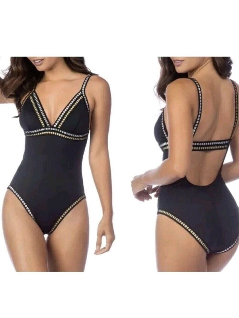 LA BLANCA | Threaded Along Mio One Piece Swimsuit Black LB7BT24 Silver Gold Sz S